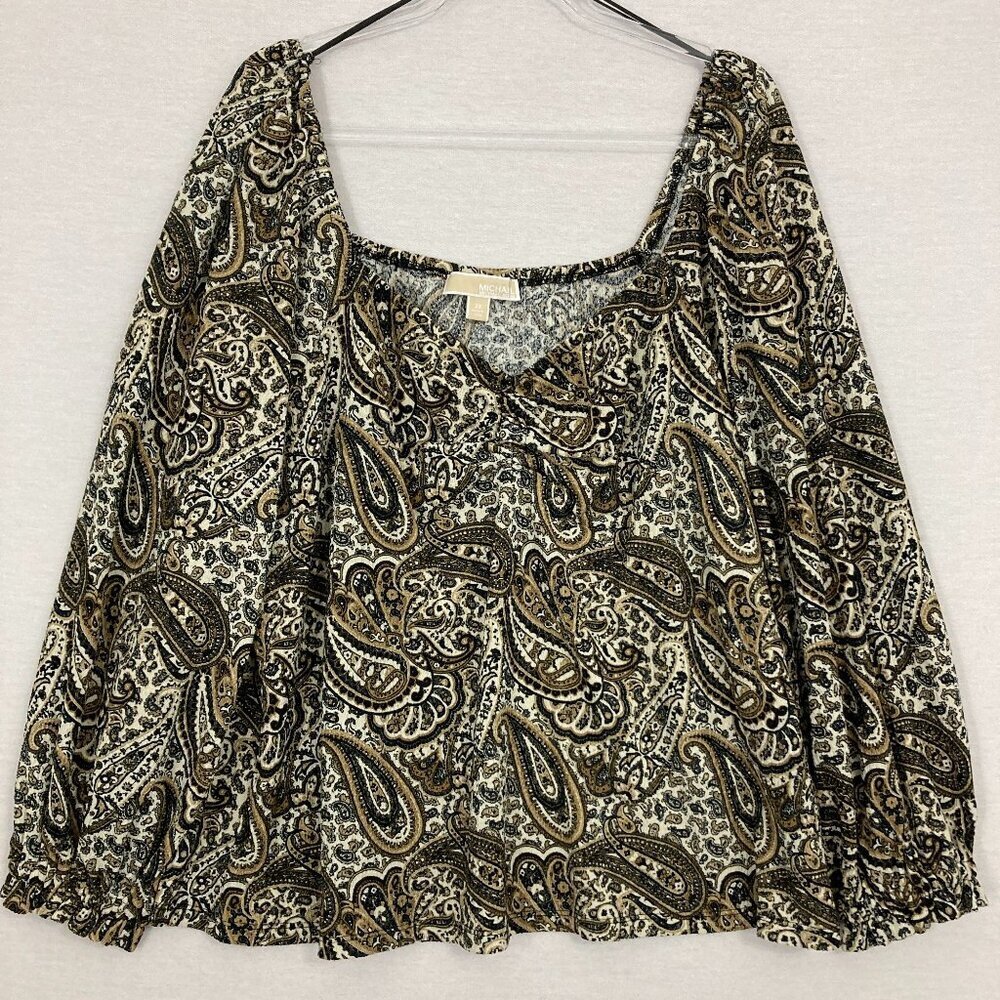 Michael Michael Kors Brown Black Paisley Boho Print Soft Comfy Blouse 2X‎